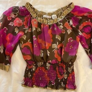 MARY-KATE AND ASHLEY Girls Y2K Vintage Floral Peasant Top Smocked Boho L